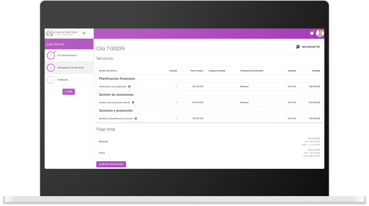 Herramienta de tarificación y generador de presupuestos dinámicos de MyDocSafe