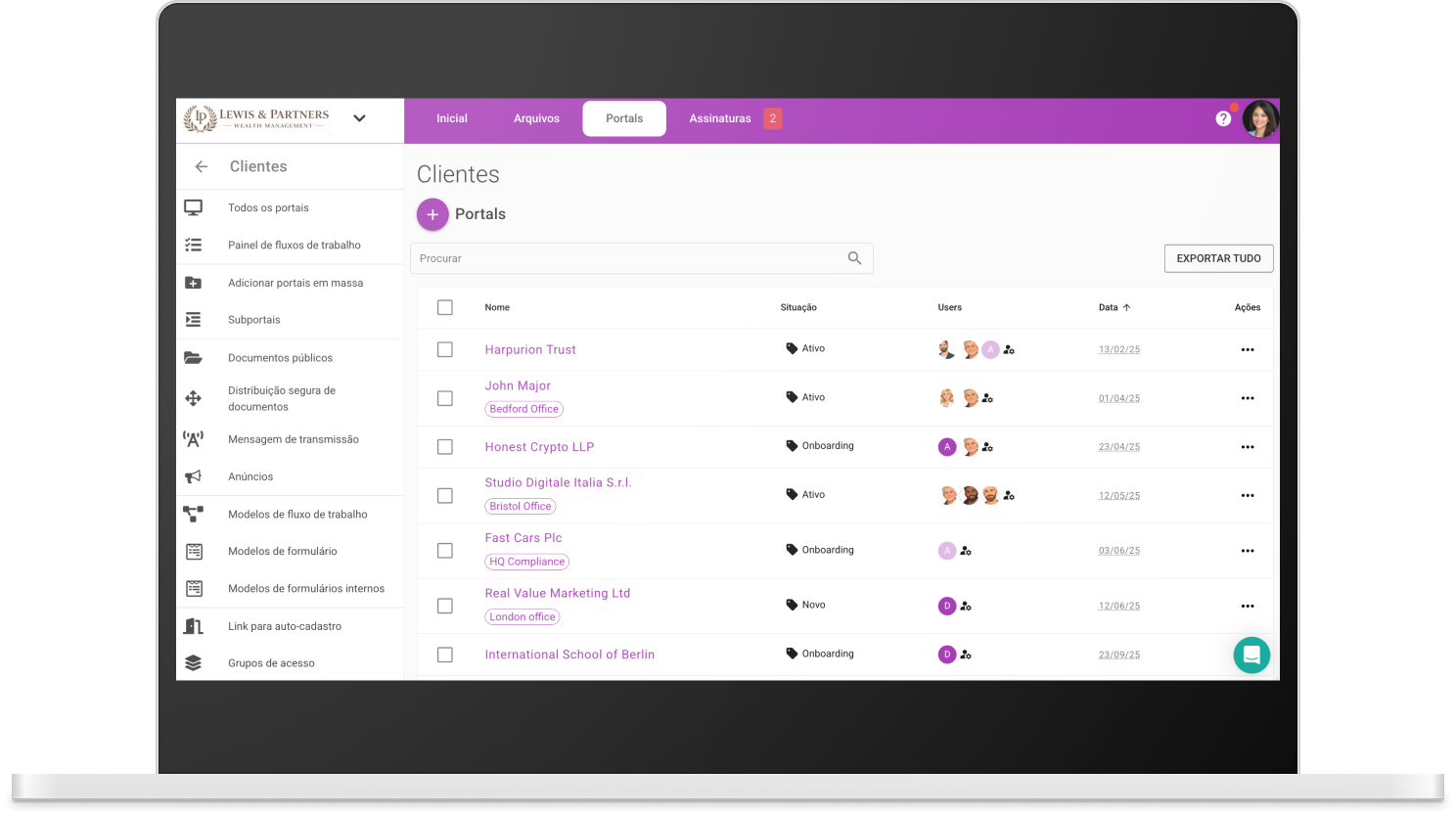 Software de portal de clientes – lista de clientes e gestão de documentos