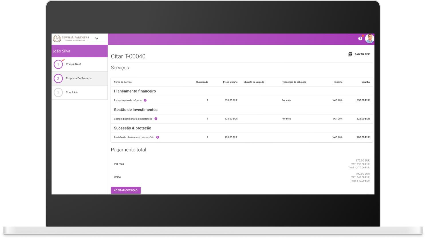Ferramenta de preços e construtor dinâmico de orçamentos MyDocSafe