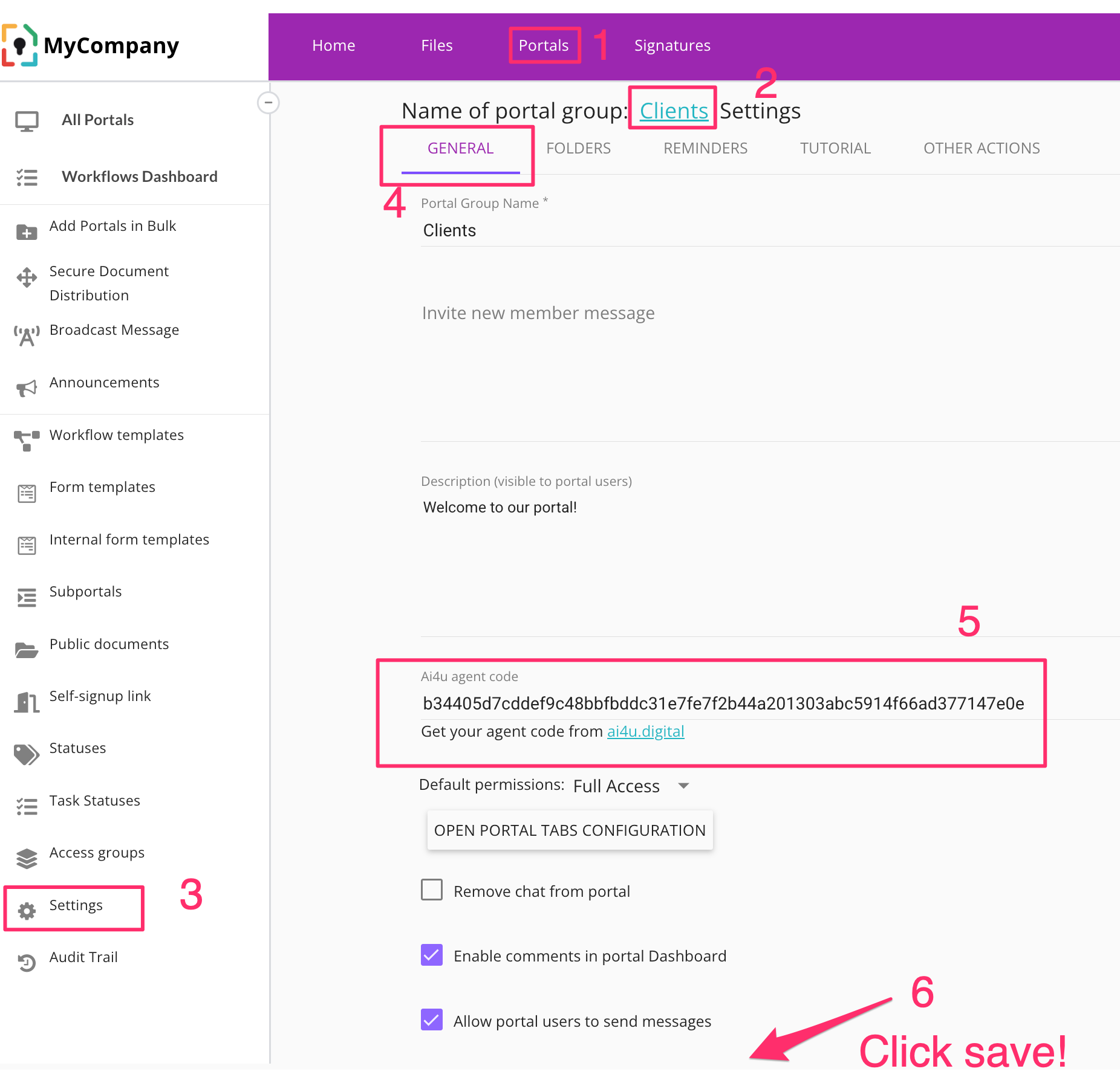 Wo muss der ai4u-Agentencode in mydocsafe eingegeben werden?