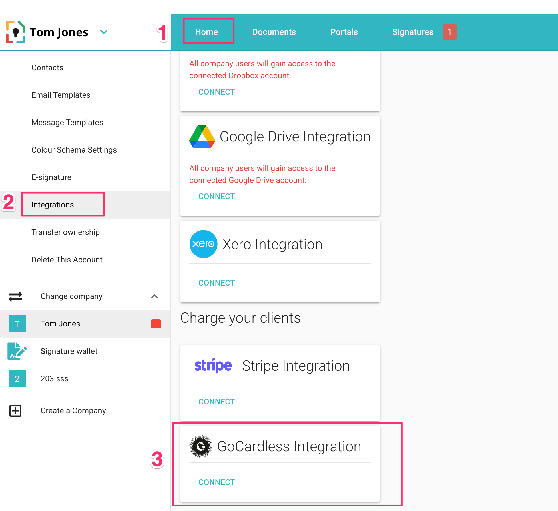 GoCardless configuraciones de integración en la cuenta MyDocSafe