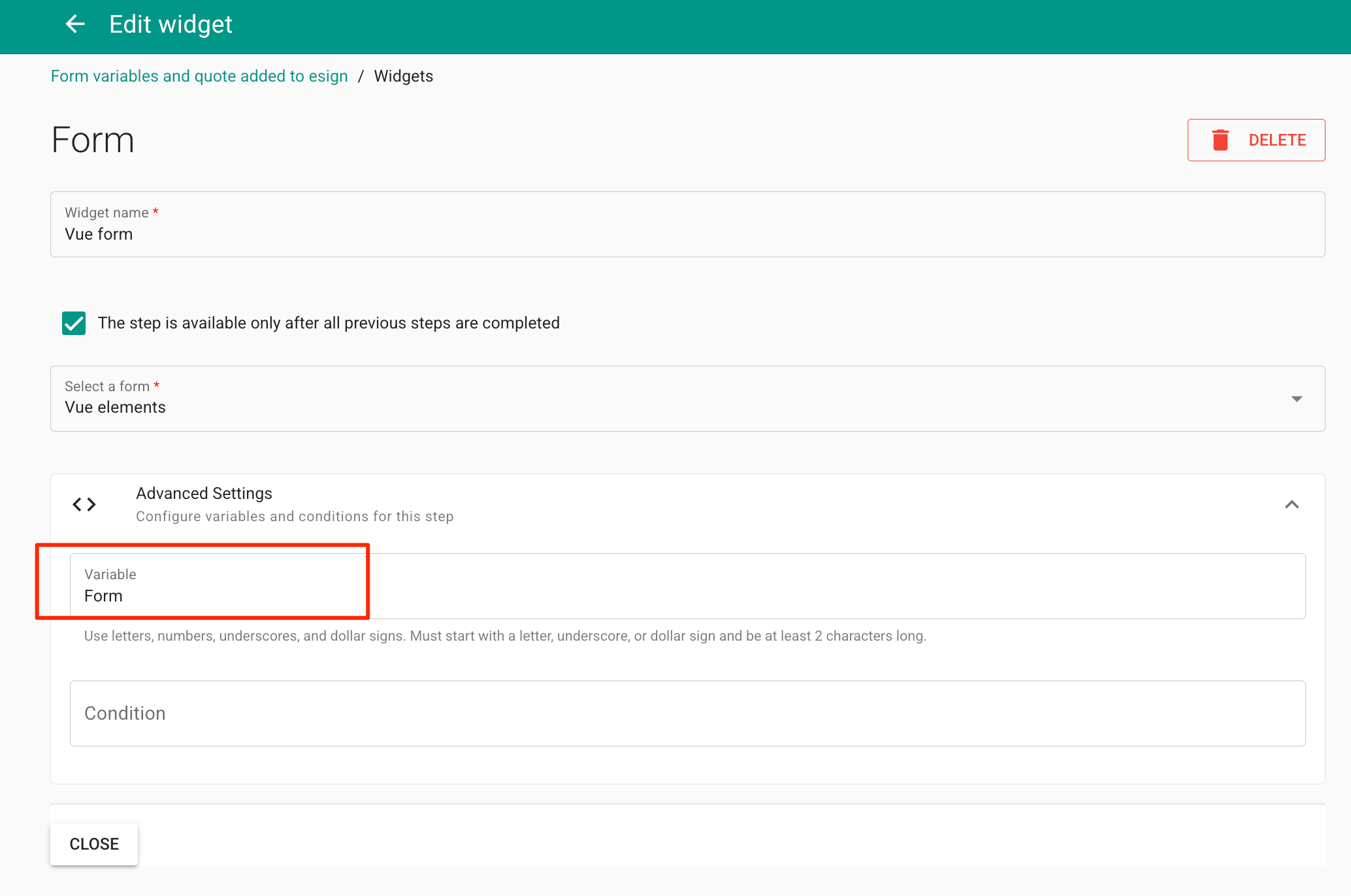 Form variable in MyDocSafe workflow template