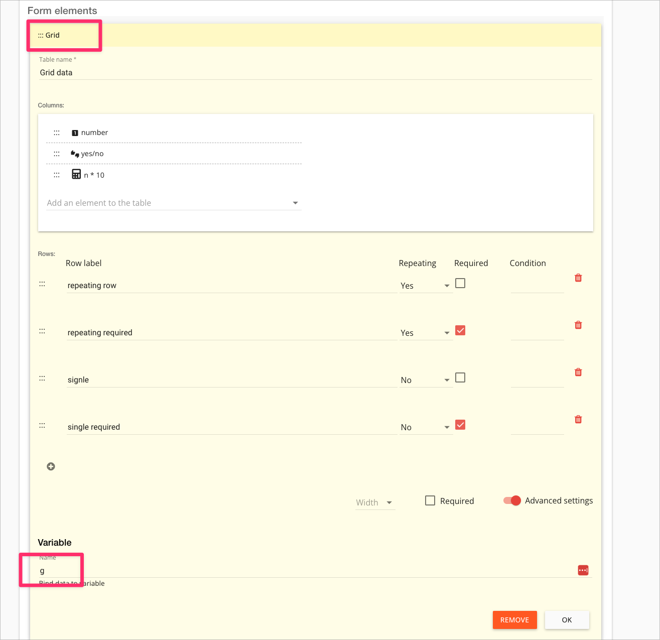 Formularios mydocsafe: widget de cuadrícula y variable