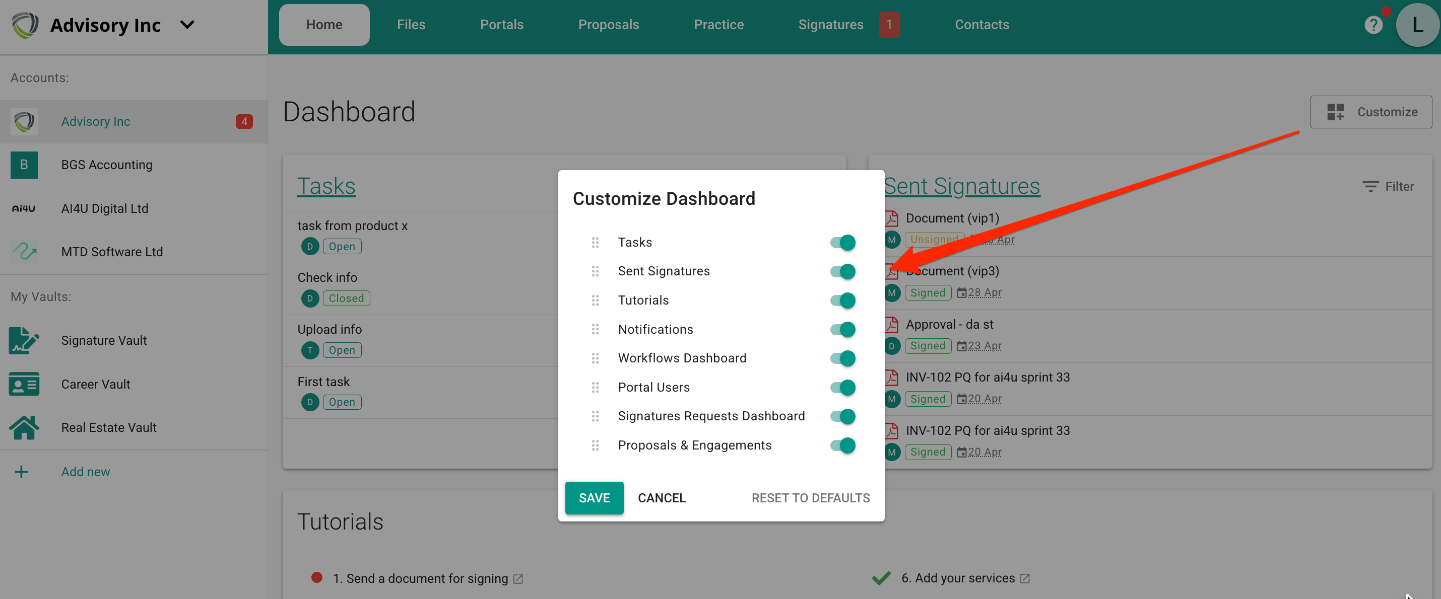 MyDocSafe customise account dashboard