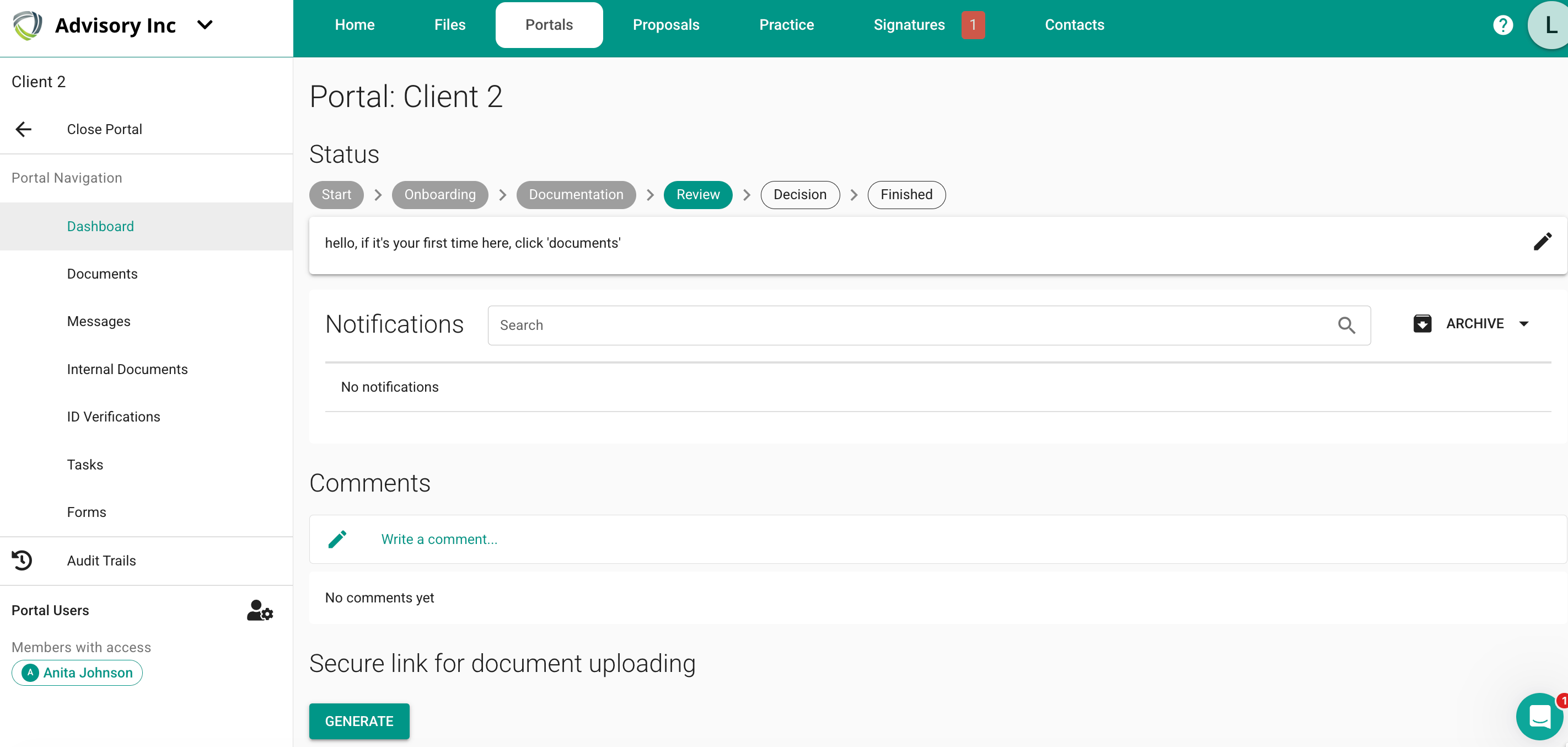 MyDocSafe status bar on portal dashboard